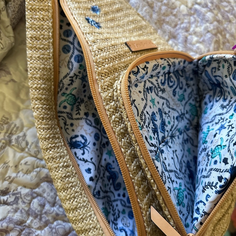 Vera Bradley Tan Straw Backpack with Blue Seahorse Embroidery - Picture 2 of 2